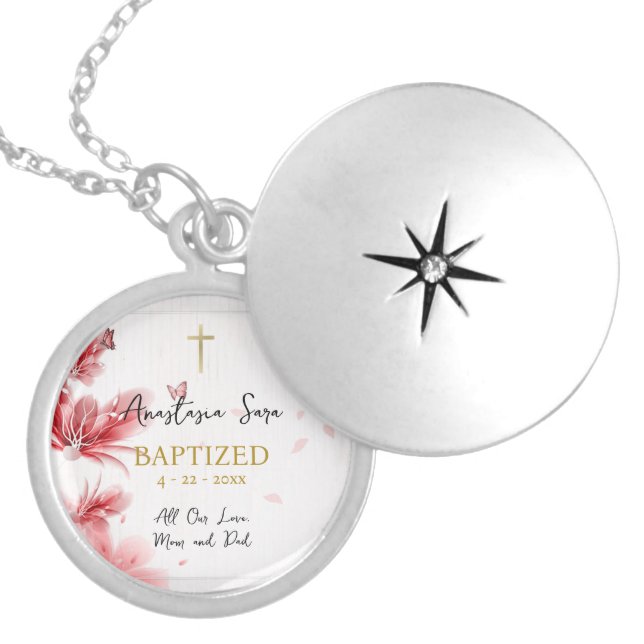 Orthodox Christian Baptism Red Flowers Butterflies Locket Necklace (Front)