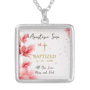 Orthodox Christian Baptism Red Flowers Butterflies Silver Plated Necklace