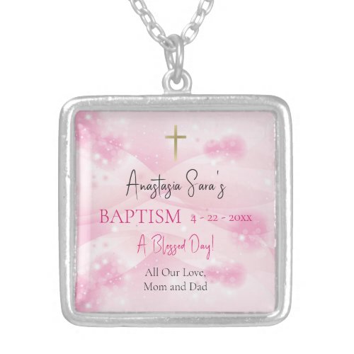 Orthodox Christian Baptism Shiny Puffy Pink Clouds Silver Plated Necklace