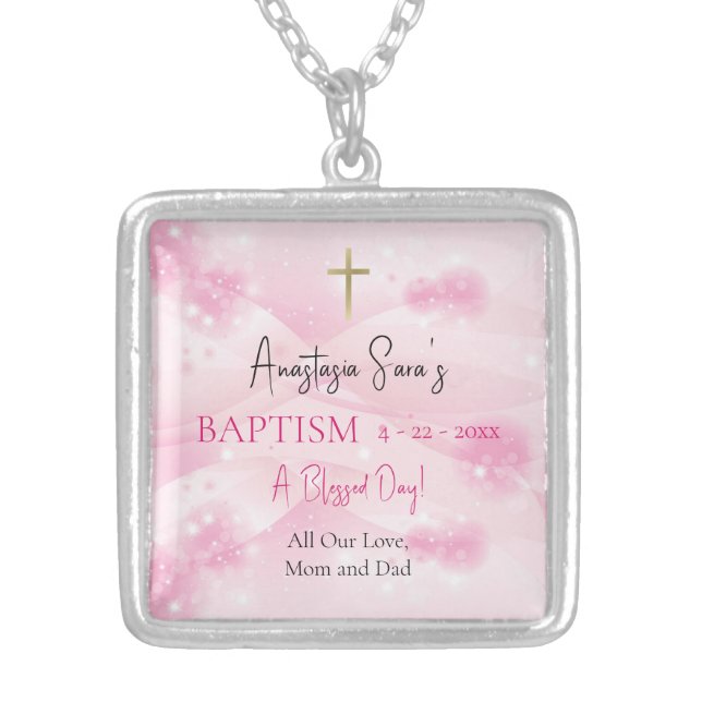 Orthodox Christian Baptism Shiny Puffy Pink Clouds Silver Plated Necklace (Front)