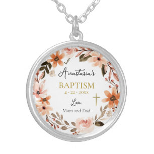 Orthodox Christian Baptism Watercolor Flowers Silver Plated Necklace