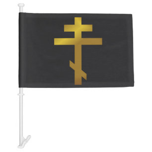Orthodox Christian Gold Cross on Black Background Car Flag