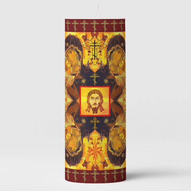 Orthodox Cross and Icon Pillar Candle (Front)