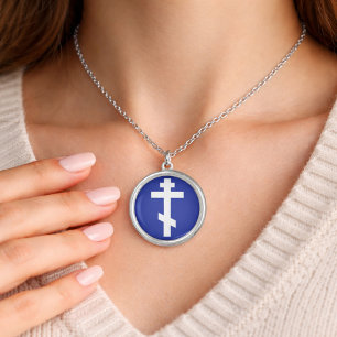 Orthodox cross blue minimalist circular emblem silver plated necklace