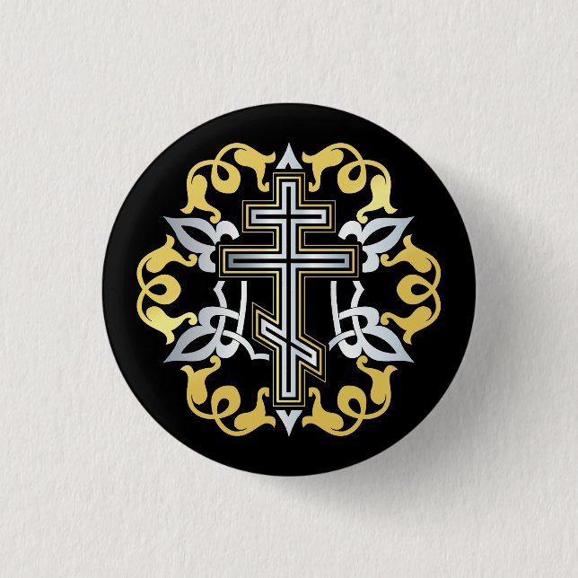Orthodox Cross Gold With Ornaments Button (Front)