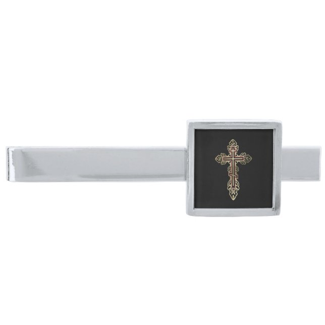 Orthodox cross silver finish tie bar (Front)