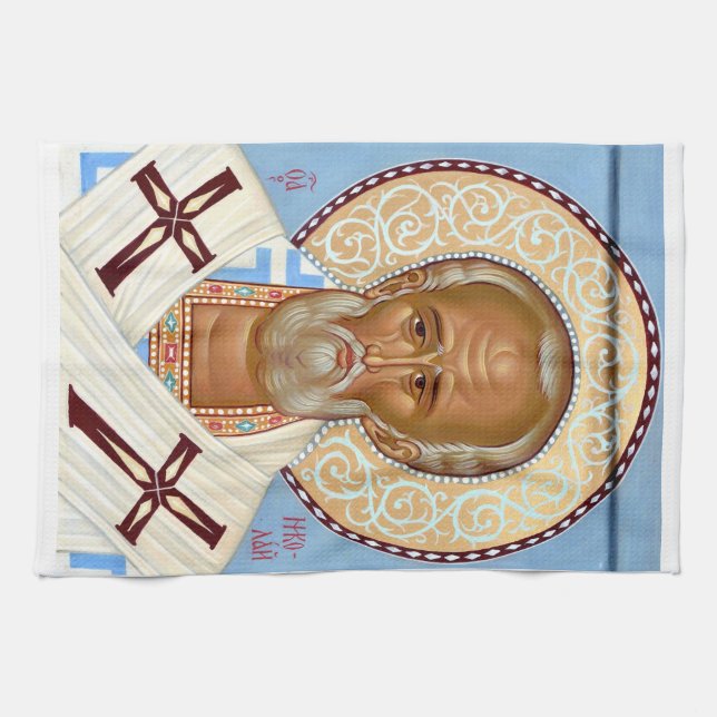 Orthodox Icon of Saint Nicholas The Wonderworker Kitchen Towel (Horizontal)