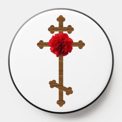 Orthodox Wood Cross Red Carnation PopSocket