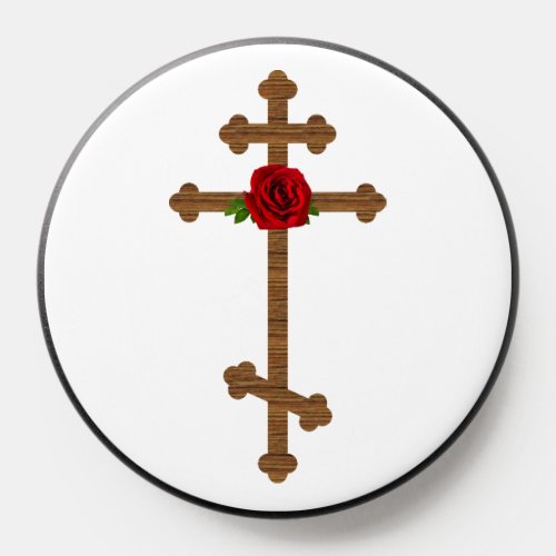 Orthodox Wood Cross Red Rose PopSocket