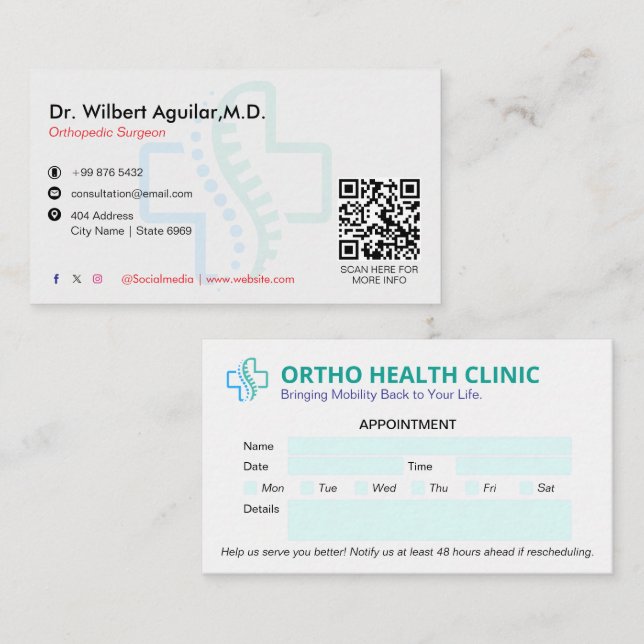 Orthopedic Clinic Business | Clean Appointment Business Card (Front/Back)