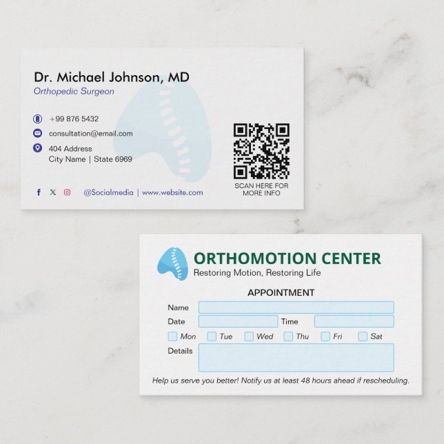 Orthopedic Physical Therapy | Modern Appointment Business Card (Front/Back)