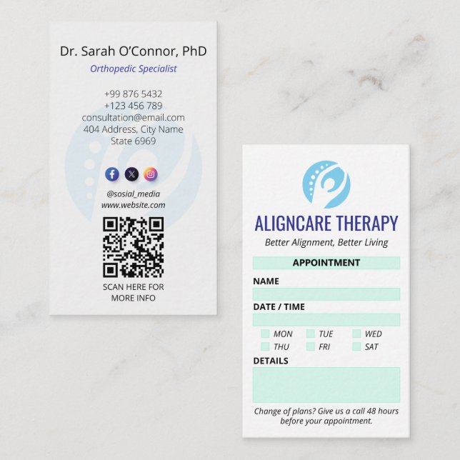 Orthopedic Rehab Clinic | Modern Appointment Business Card (Front/Back)