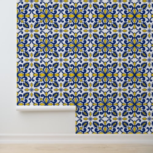 ortugal Azulejo Symmetry Retro Blue Yellow Floral Wallpaper