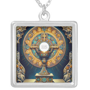 OS Communion Host and Chalice Expressionist Effect Silver Plated Necklace