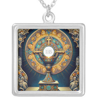OS Communion Host and Chalice Expressionist Effect Silver Plated Necklace