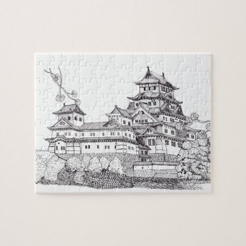 Osaka Castle Japan Black White Illustration Jigsaw Puzzle