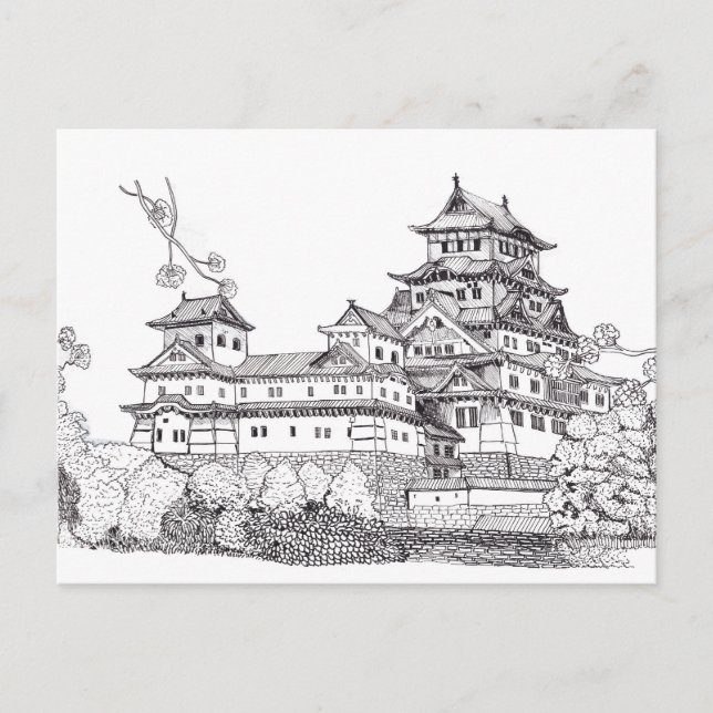Osaka Castle Japan Black White Illustration Postcard (Front)