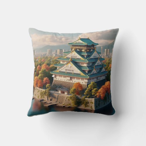 Osaka Castle Japan Landscape Vintage Travel Throw Pillow