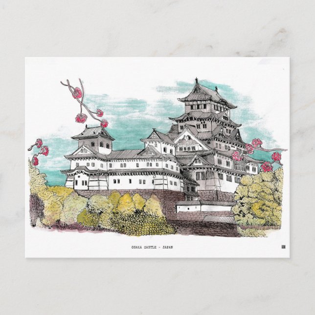 Osaka Castle Japan Watercolor Illustration Postcard (Front)