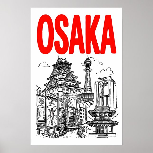 Osaka City Print Bold Typography and Landmark Line (Front)