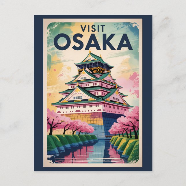 Osaka Japan Castle Illustration Travel Art Vintage Postcard (Front)