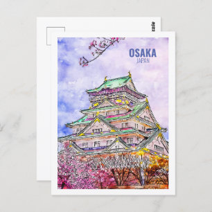 Osaka Japan Famous Travel Watercolor Sketch Postcard