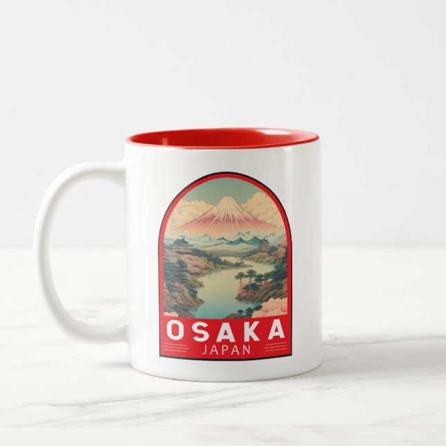 Osaka Japan Mount Fuji Travel Art Emblem Two-Tone Coffee Mug (Left)