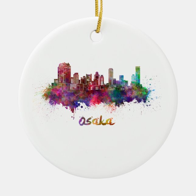 Osaka skyline in watercolor ceramic ornament (Front)
