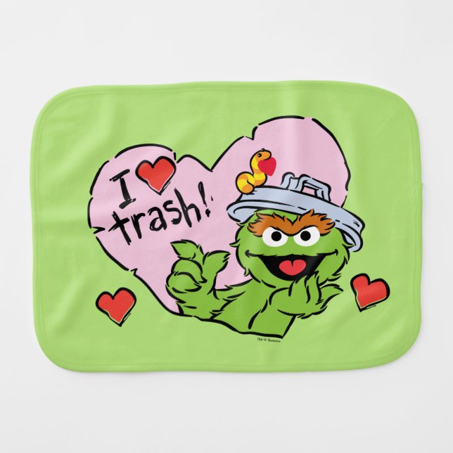 Oscar "I Love Trash" Valentine Baby Burp Cloth (Front Horizontal)