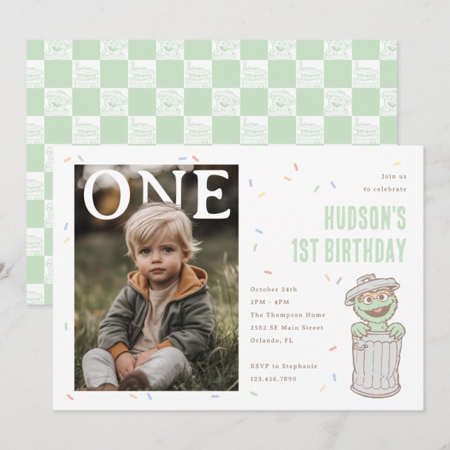Oscar the Grouch Green Confetti First Birthday Invitation (Front/Back)