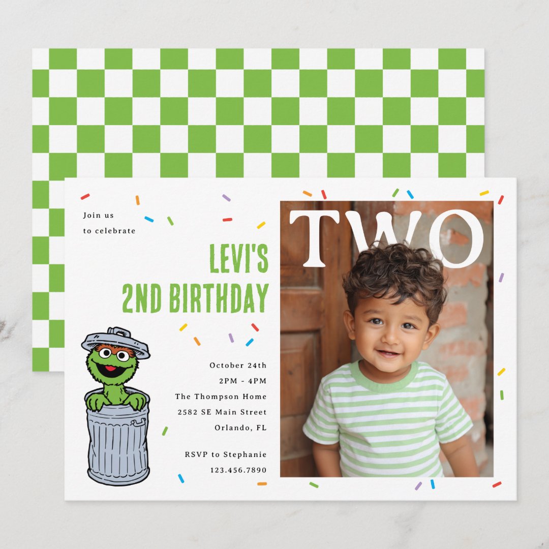 Oscar the Grouch Green Confetti Second Birthday Invitation (Front/Back)