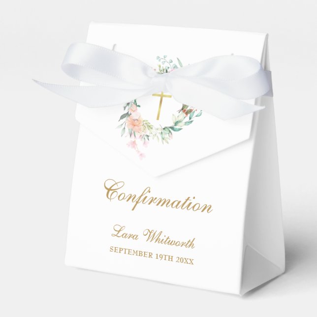 oses Floral Garland Gold Script Confirmation Favor Boxes (Front Side)