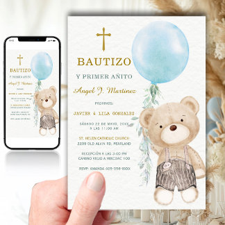 Osito Azul Bautizo Y Primer Anito Nino   Invitation