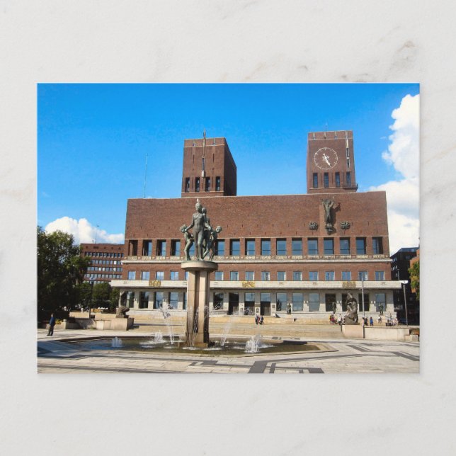 Oslo City Hall, statue, fountain Postcard (Front)