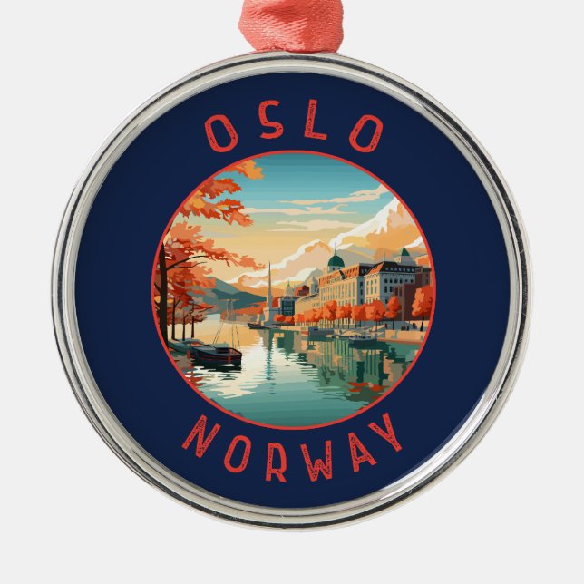 Oslo Norway Retro Distressed Circle Metal Ornament (Front)