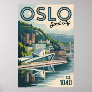 Oslo Norway Skyline Retro Cityscape Travel Poster