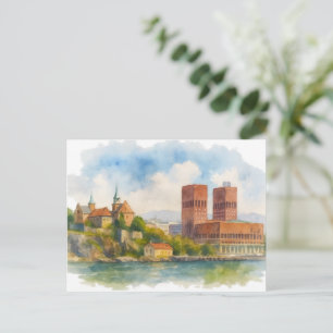 Oslo Norway Watercolor Art Card, Cityscape  Postcard