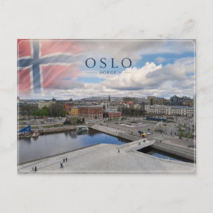 Oslo Norway with Norwegian Flag Waterfront Postcard