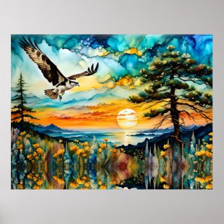 Osprey in flight over wildflowers at Sunset