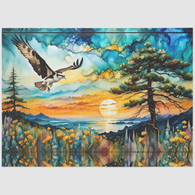Osprey in flight over wildflowers at Sunset Tissue Paper (Front)