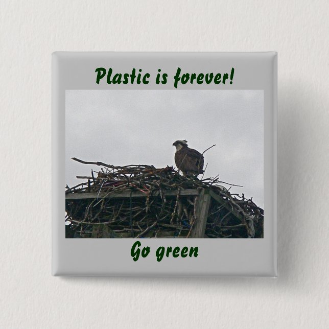 Osprey on Nest Plastic is forever! Go Green Badge Pinback Button (Front)
