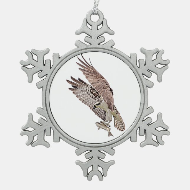 Osprey with a fish snowflake pewter christmas ornament (Front)