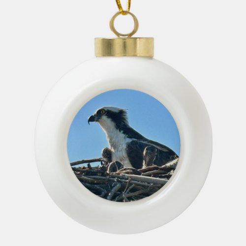 Osprey with Babies Ceramic Ball Christmas Ornament