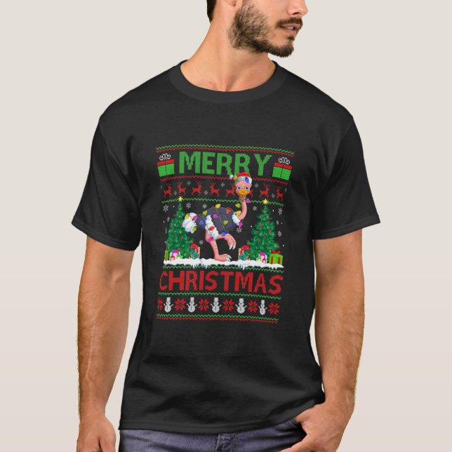 Ostrich Bird Lover Xmas Lighting Ugly Ostrich T-Shirt (Front)