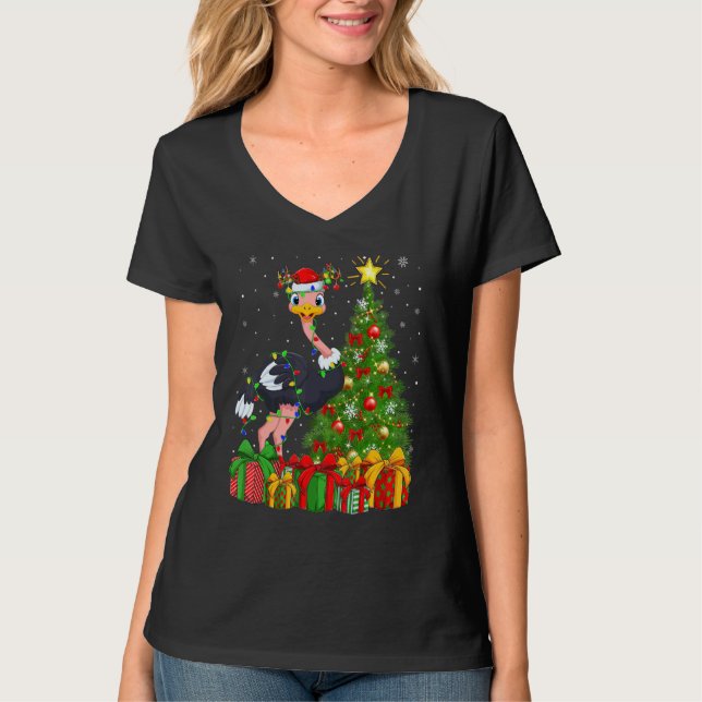 Ostrich Bird   Xmas Holiday Santa Ostrich Christma T-Shirt (Front)