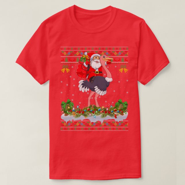 Ostrich Bird Xmas Pajama Ugly Santa Riding Ostrich T-Shirt (Design Front)