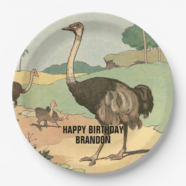 Ostrich Family Children's Party Paper Plates (Front)