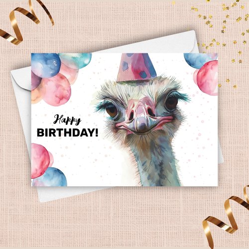 Ostrich Funny Colorful Balloons Hat Happy Birthday Card