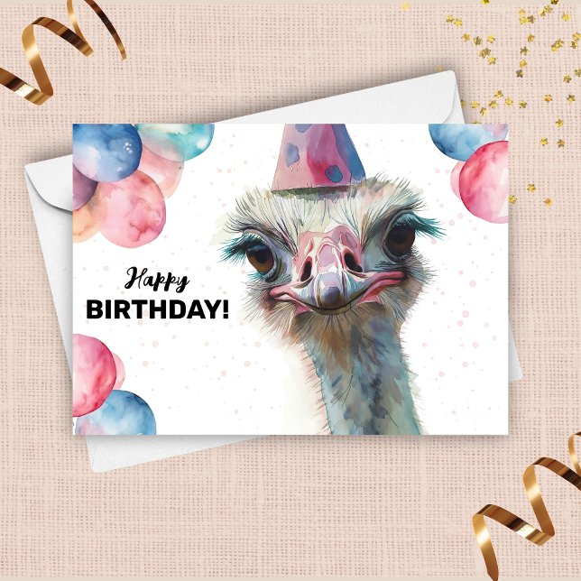 Ostrich Funny Colorful Balloons Hat Happy Birthday Card (Creator Uploaded)