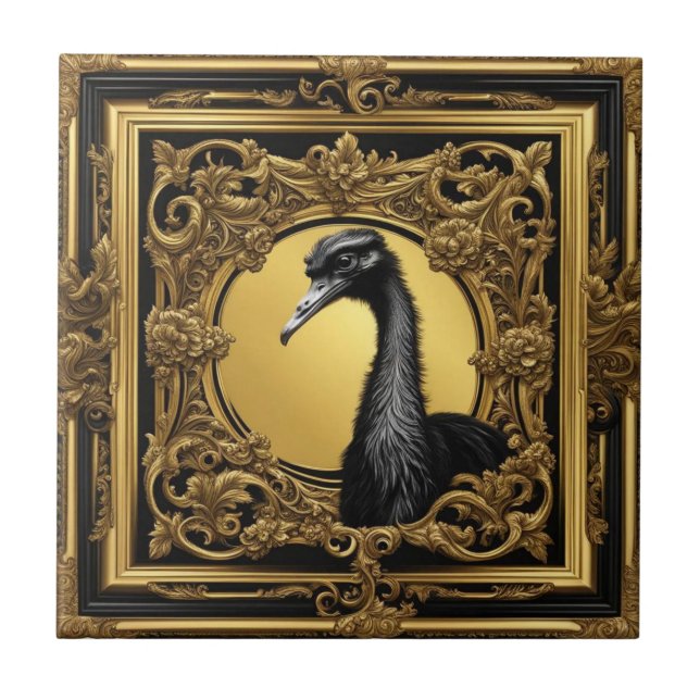 Ostrich gold ornamental frame ceramic tile (Front)